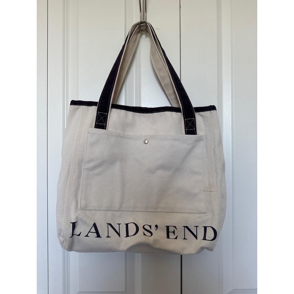 Lands End Canvas Tote Bag Cream Navy Blue Logo Large Front Pocket Shopper